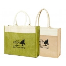 Reusable Sustainable Tote Two-Tone Jute Burlap Shopping Bag with Front Pocket & Cotton Handles