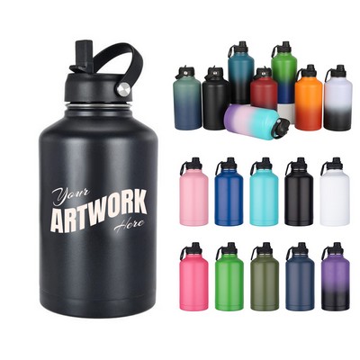 64OZ Half Gallon Stainless Steel Vacuum Insulated Water Bottle Jug Growler With Flip Straw Lid Handl