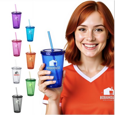 16 Oz. Acrylic Double Walled Tumbler w/Lid & Straw